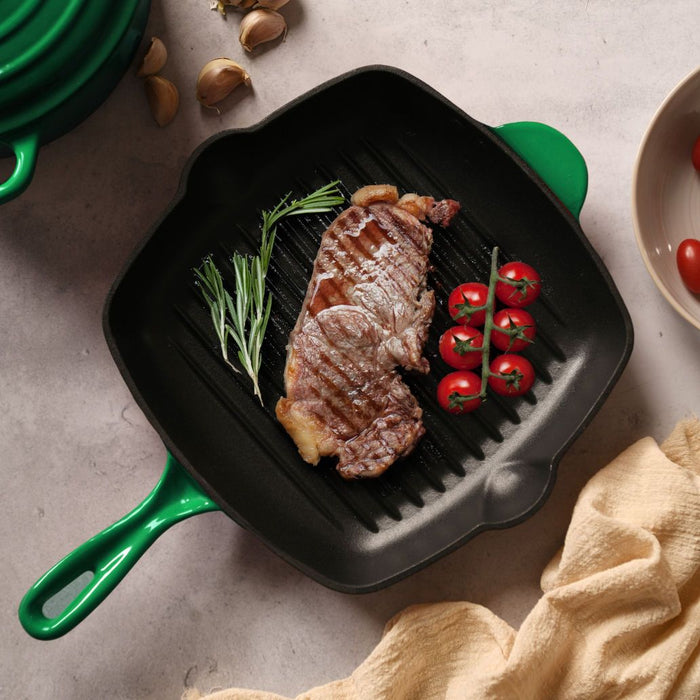 High Quality 28cm Cast Iron Square Grill Pan in Eden Green