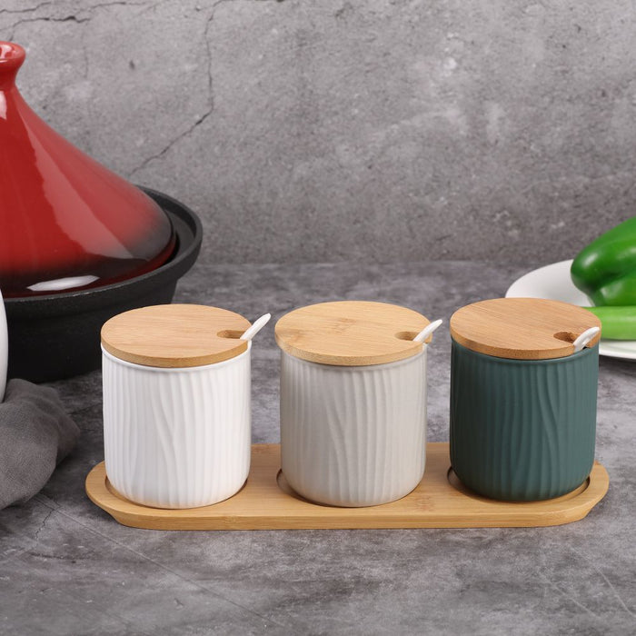 Round Ceramic Bamboo Seasoning Jar Set