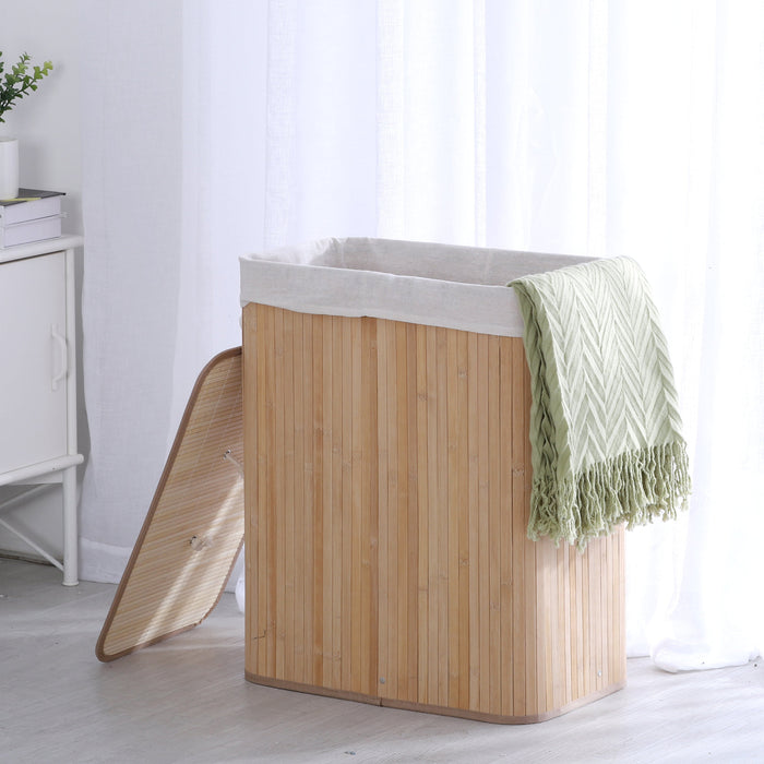 Extra Large Rectangular Foldable Bamboo Laundry Hamper- 2 Sided - Natural Brown