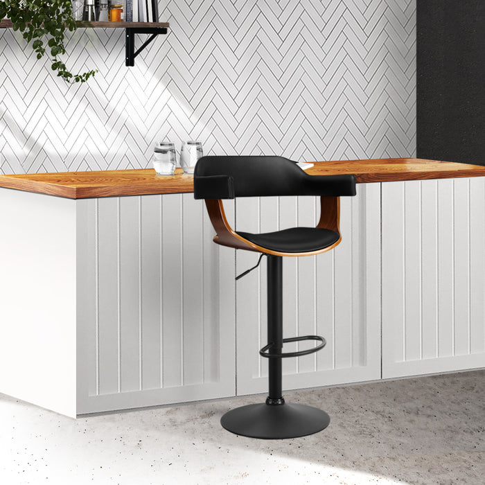 Premium Retro Curved 62cm - 82cm Gas Lift PU Leather Barstool - Black and Wood