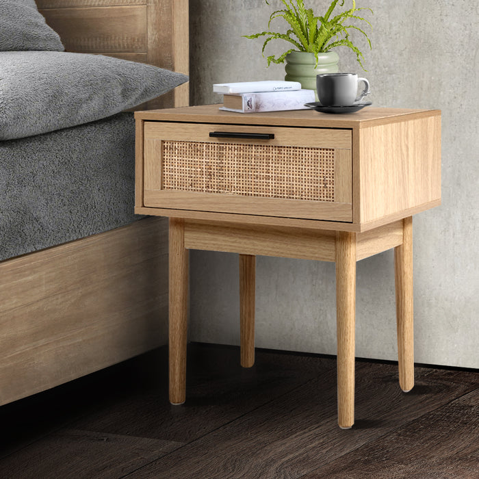 Mira Rattan Wooden Bedside Table | Sleek Nightstand Drawer Lamp Table