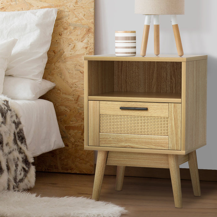 Ira Rattan Wooden Bedside Table | Sleek Nightstand Drawer Lamp Table