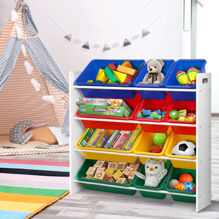 Funzee Multi Shelf Storage Box Bin Organiser | 12 Bins Kids Toy Organiser Box | Childrens Bookshelf Storage Rack