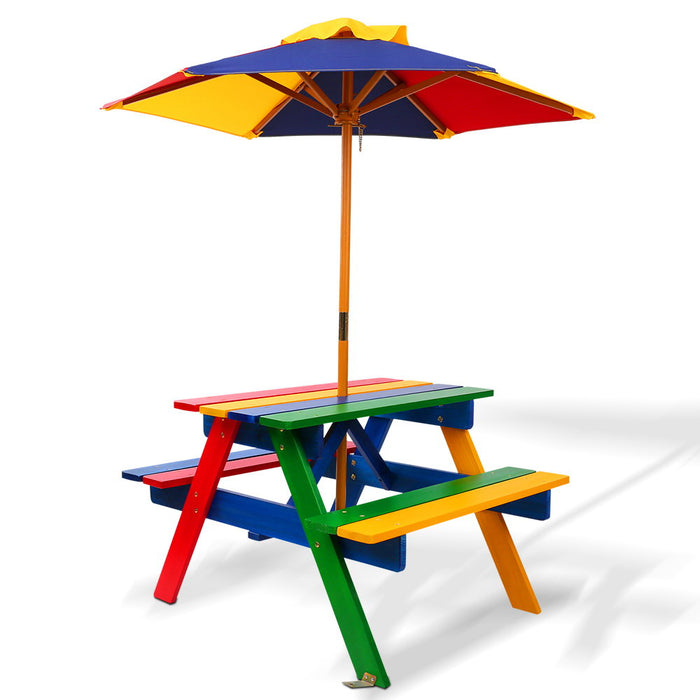 Funzee Kids 4 Seat Colourful Wooden Picnic Table Set with Umbrella