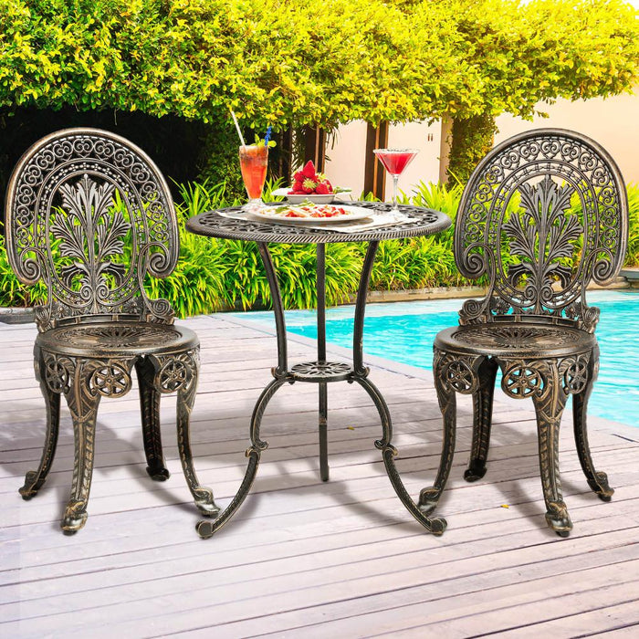 Bronze 3pc Outdoor Bistro Table and Chair Set | Cast Aluminum Table Chair Garden Set by Livsip