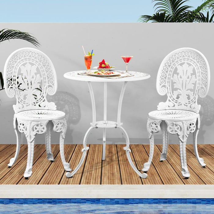 White 3pc Outdoor Bistro Table and Chair Set | Cast Aluminum Table Chair Garden Set by Livsip