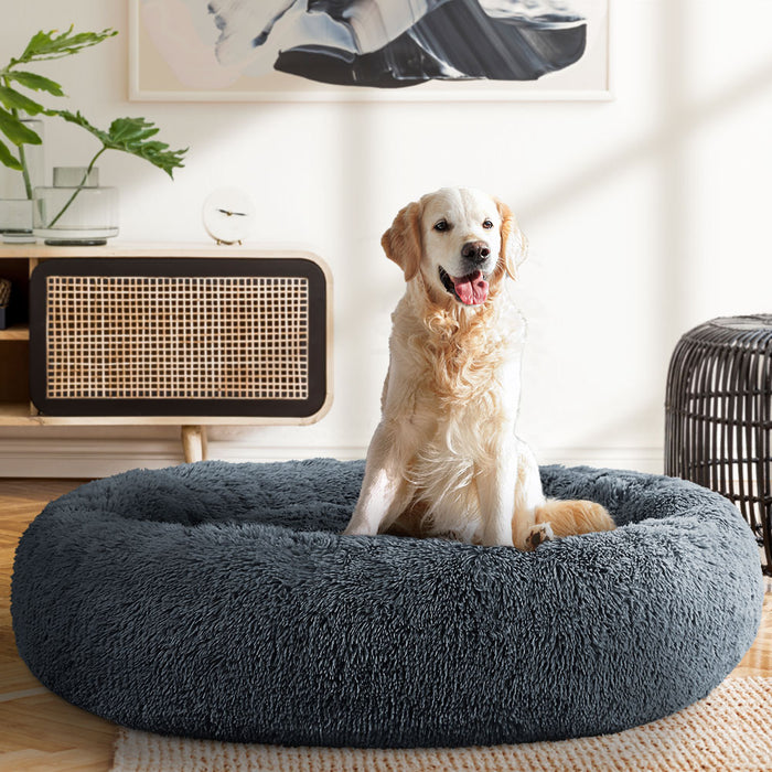 Extra Large 110cm Plush Calming Pet Bed | Soft Removable Cover Dog Cat Bed - Dark Grey