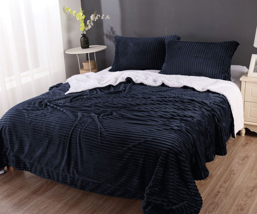 3pc Embossed Warm Sherpa Comforter Blanket Set | 4 Colours - 2 Sizes