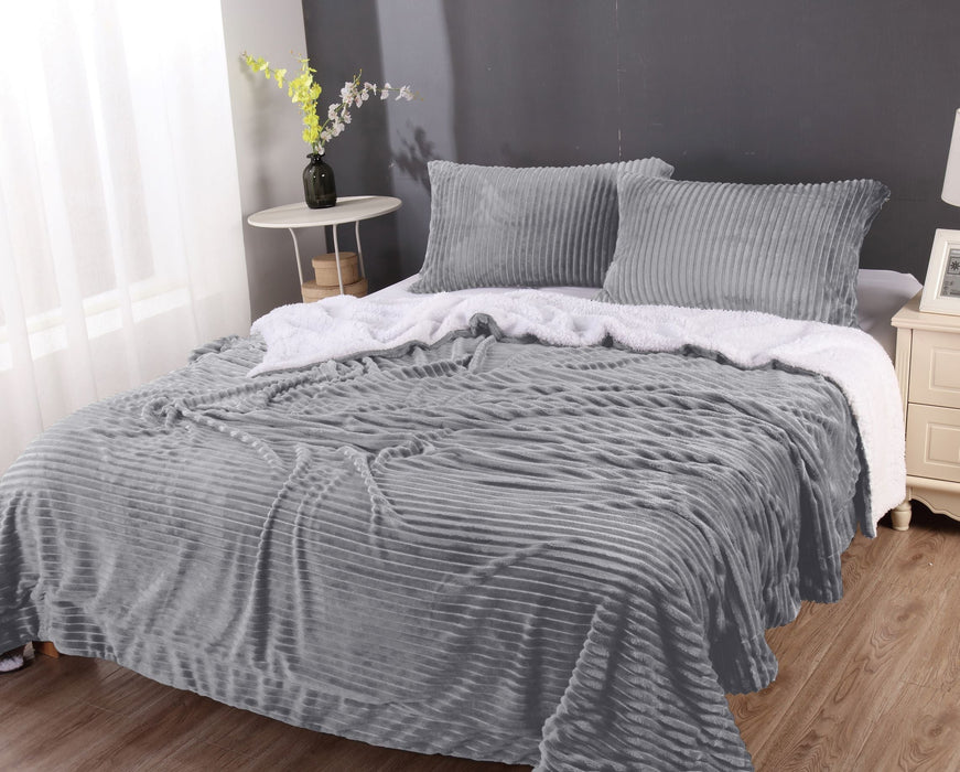 3pc Embossed Warm Sherpa Comforter Blanket Set | 4 Colours - 2 Sizes