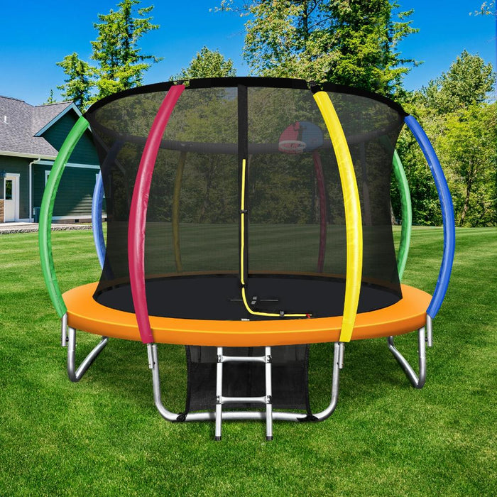 12FT/3.7m Premium Kids Trampoline with Basketball Set | Rainbow Safe Fully Enclosed Outdoor Play Trampoline by Mazam