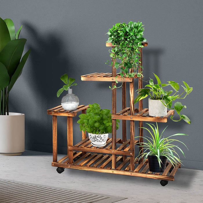 Natura 5-Tier Plant Stand Wood Wooden Wheel Shelf Flower Pots Rack Indoor Garden