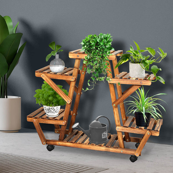 Natura 4-Tier Plant Stand Wood Wooden Wheel Shelf Flower Pots Rack Indoor Garden