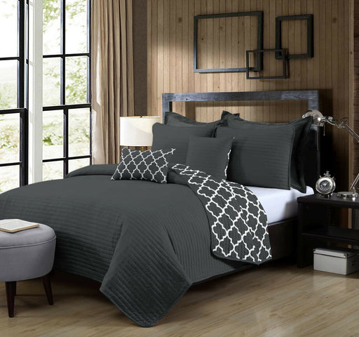 7 Piece Bamboo Reversible Comforter Set | Luxury 2-Sided 7pc Coverlet Quatrefoil Set | 2 Sizes - 5 Colours Quilts & Comforters Queen / Charcoal Ontrendideas Bed and Bath