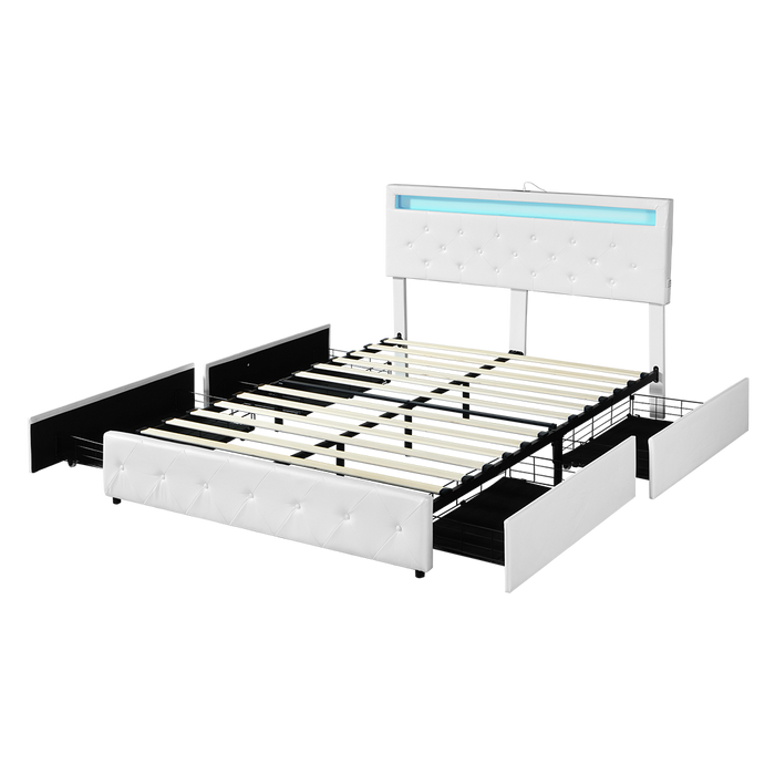 Duomo Blanco LED PU Leather Storage Bed with USB and 4 Draws | Multi Functional Storage LED Lights Bed Frame