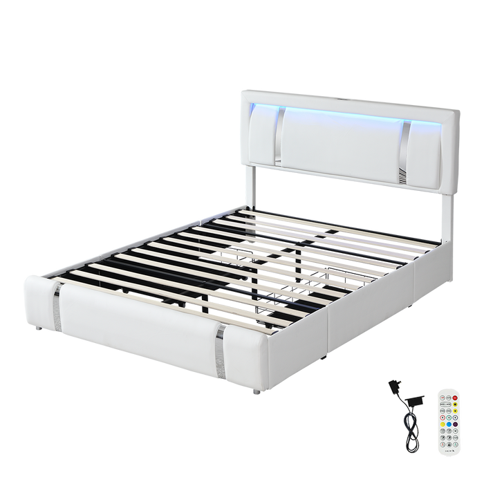 Aria Luxury LED PU Leather 2 Draw Storage Bed with USB | Adjustable Headboard Soft Padded Bed Frame
