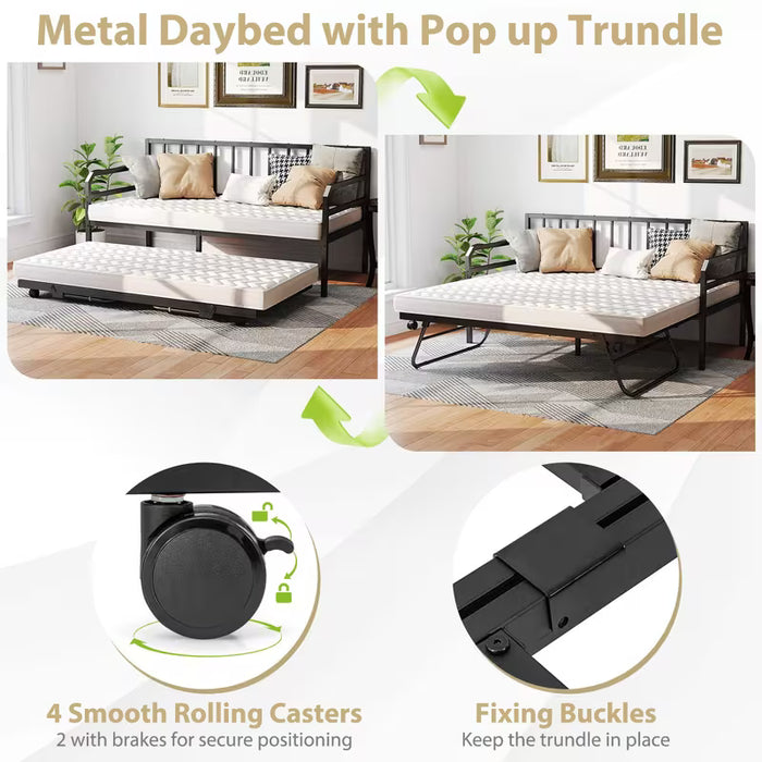Areno  3in 1 Sofa Bed Frame | Space-saving Single Size Metal Daybed with Pop-up Trundle