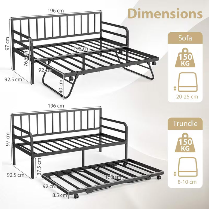 Areno  3in 1 Sofa Bed Frame | Space-saving Single Size Metal Daybed with Pop-up Trundle