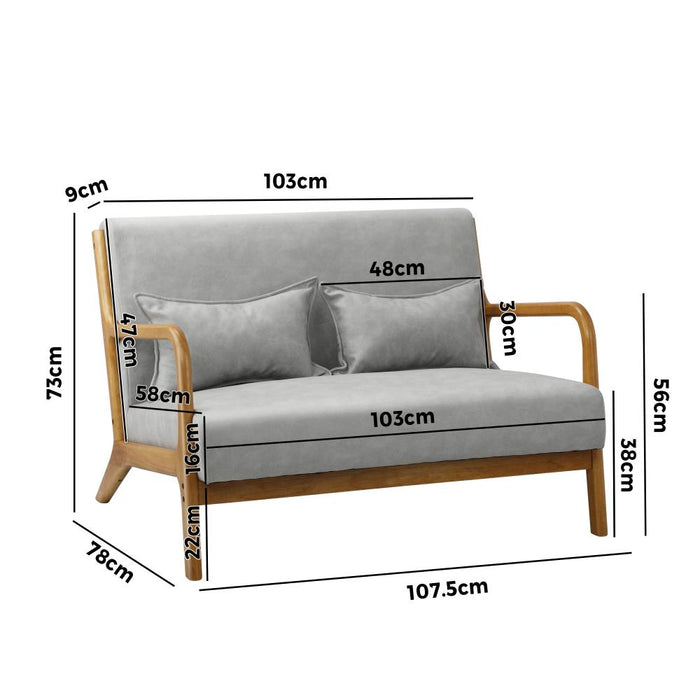 Teramo 2 Seater Accent Couch Lounge Chair | Modern Fabric and Wood Designer Armchair & 2 Bonus Cushions