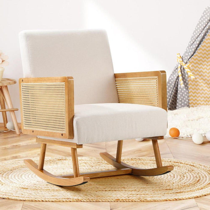 Allepo Super Comfort Linen Rocking Chair | Rattan Wooden Nursing Rocking Armchair