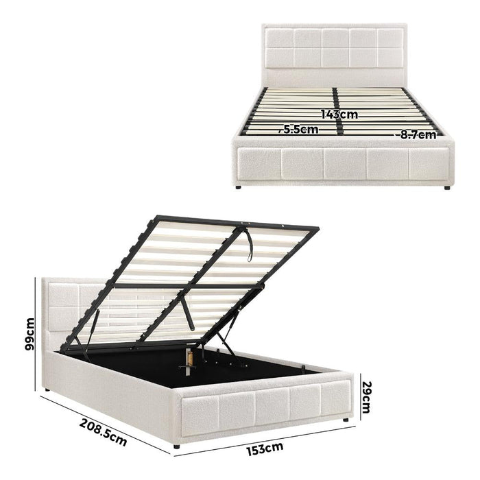 Teddy Milo Boucle Fabric Deluxe Gas Lift Storage Bed Frame  | Embossed Fabric Gas Lift Modern Bed