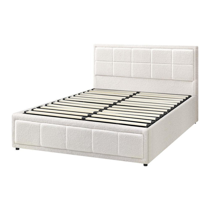 Teddy Milo Boucle Fabric Deluxe Gas Lift Storage Bed Frame  | Embossed Fabric Gas Lift Modern Bed