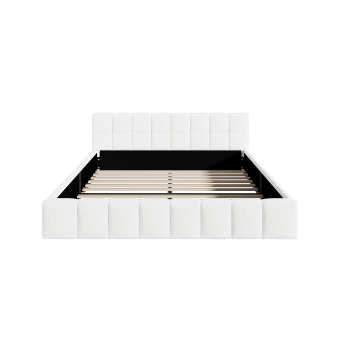 Botelia White Boucle Low Profile Bed Frame| Luxurious Tufted Premium Fabric Ground Bed
