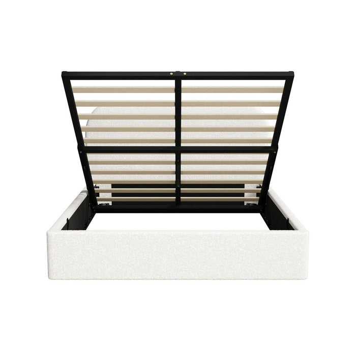 White Marshmallow Cloud Boucle Gas Lift Bed | Soft Padded Arched Fabric Storage Bed Frame