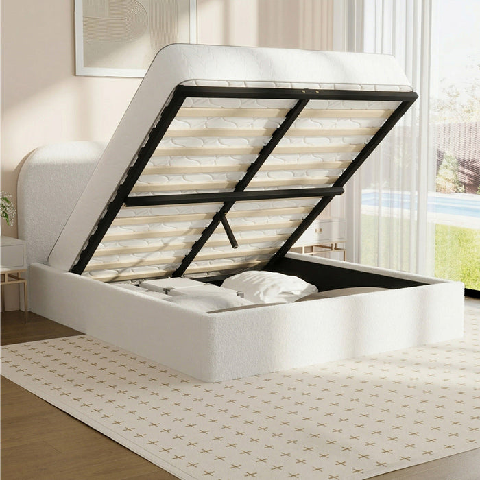 White Marshmallow Cloud Boucle Gas Lift Bed | Soft Padded Arched Fabric Storage Bed Frame