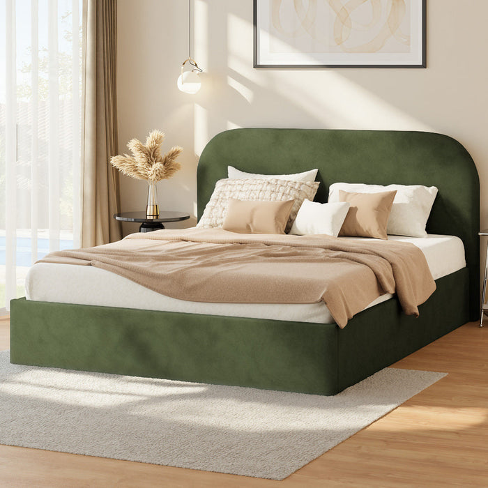 Green Cloud Marshmallow Velvet Touch Gas Lift Bed | Soft Padded Arched Fabric Storage Bed Frame