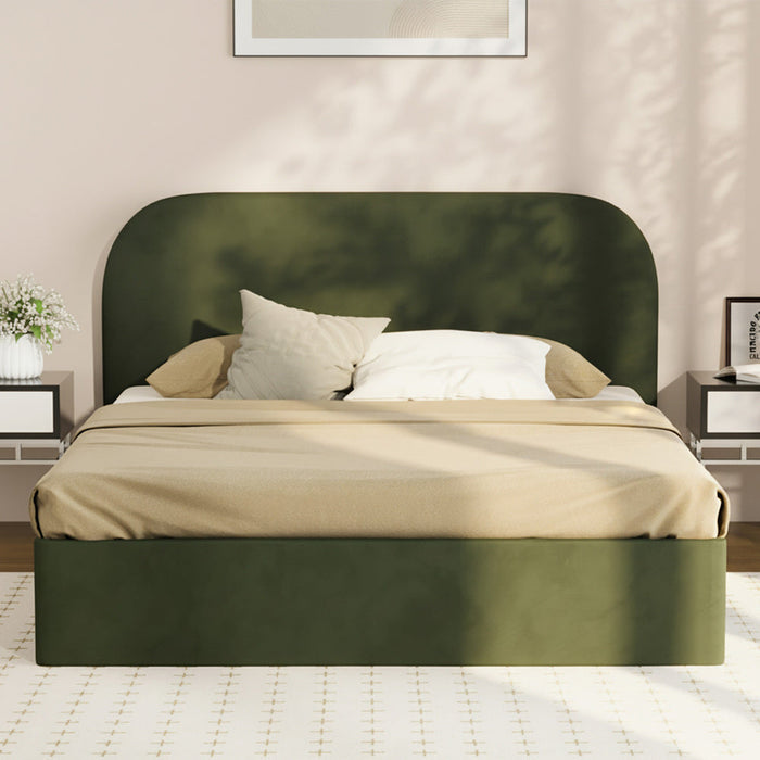 Green Cloud Marshmallow Velvet Touch Gas Lift Bed | Soft Padded Arched Fabric Storage Bed Frame