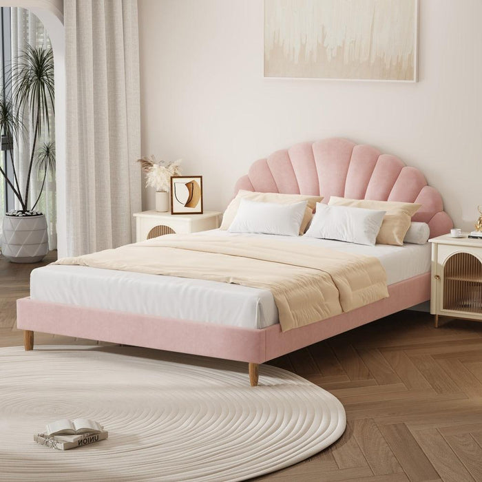 Princess Arial Pink Seashell Style Velvet Fabric Bed Frame | Kids Pink Soft Touch Fabric Bed