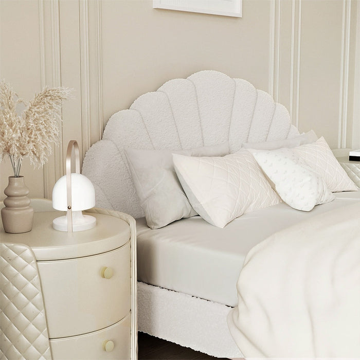 Princess Arial Boucle Fabric Seashell Style Bed Frame | Kids White Soft Touch Boucle Bed