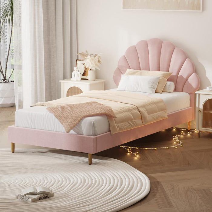 Princess Arial Pink Seashell Style Velvet Fabric Bed Frame | Kids Pink Soft Touch Fabric Bed