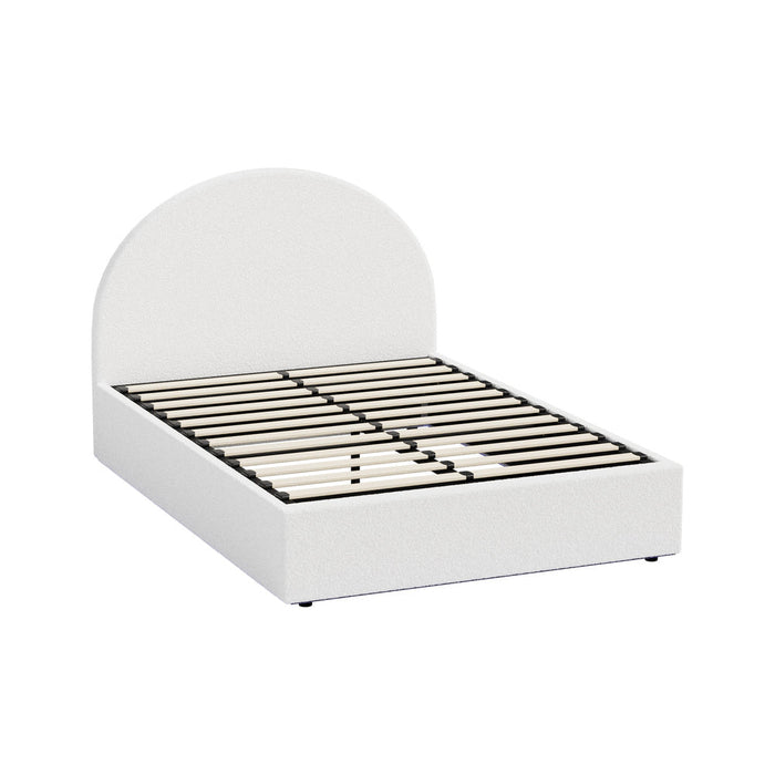 Luna LED White Boucle Gas Lift Storage Bed | Glow Soft Cushioned Arched Boucle Bed Frame
