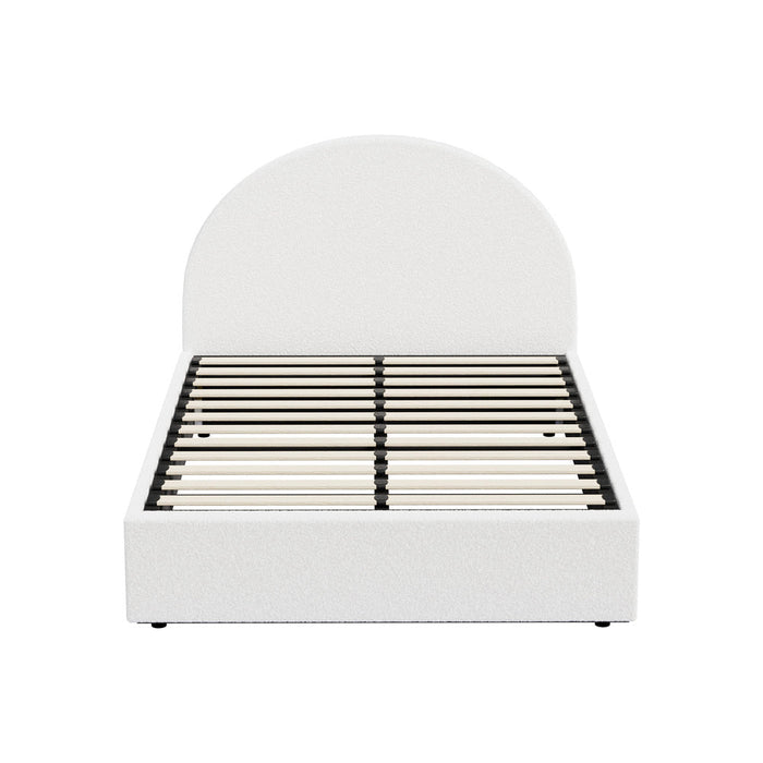 Luna LED White Boucle Gas Lift Storage Bed | Glow Soft Cushioned Arched Boucle Bed Frame