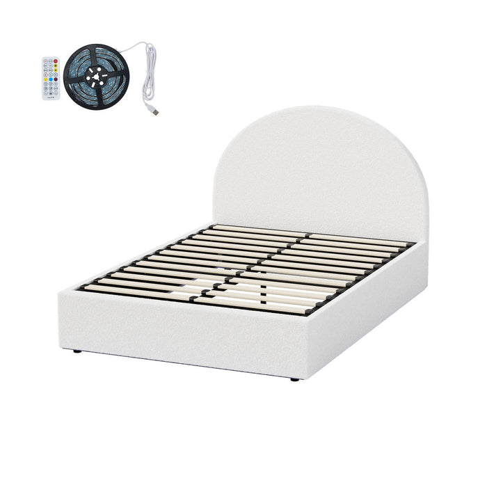 Luna LED White Boucle Gas Lift Storage Bed | Glow Soft Cushioned Arched Boucle Bed Frame
