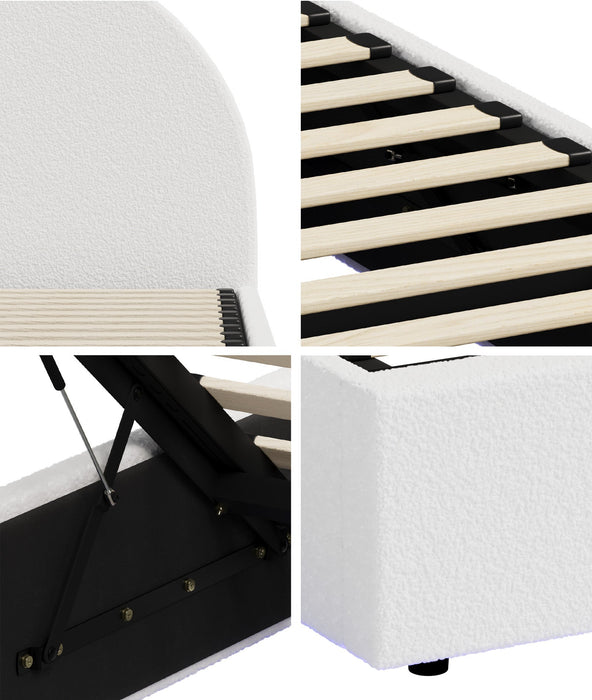 Luna LED White Boucle Gas Lift Storage Bed | Glow Soft Cushioned Arched Boucle Bed Frame