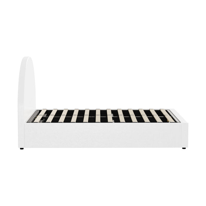 Luna Luxe PU Leather Round White Gas Lift Bed | White Soft Cushioned Big Storage Arched Bed Frame