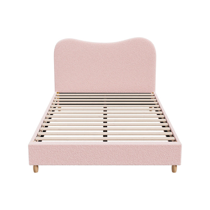 Teddy Plush Heart Pink Boucle Fabric Bed | Cloud Shape Cushioned Touch Upholstered Boucle Bed Frame