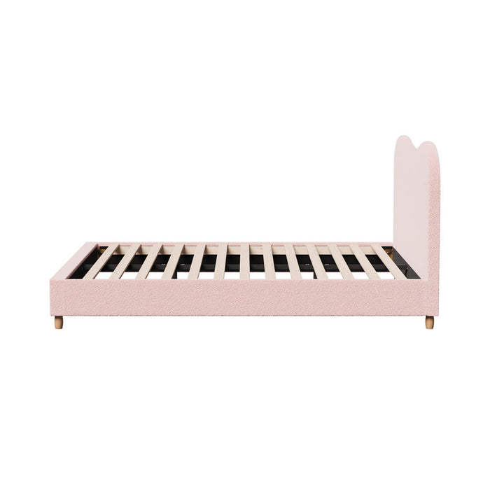 Teddy Plush Heart Pink Boucle Fabric Bed | Cloud Shape Cushioned Touch Upholstered Boucle Bed Frame