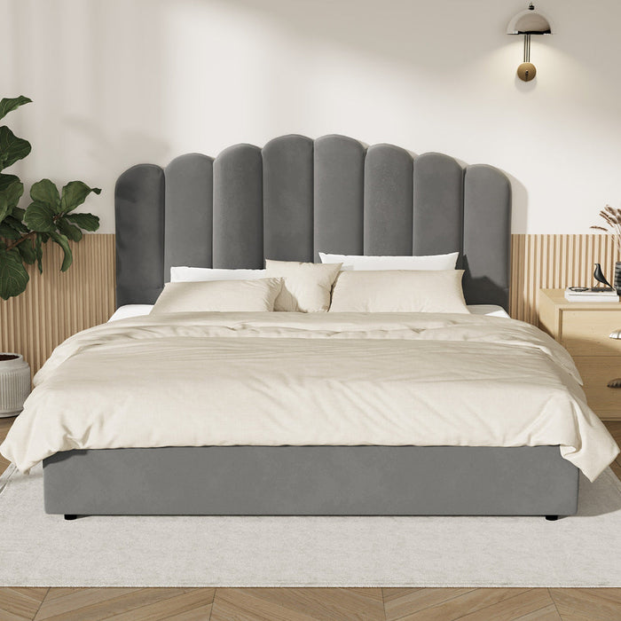 Allure Ripple Grey Soft Velvet Fabric Gas Lift Storage Bed | Two In One Bed and Storage Combo Bed Frame