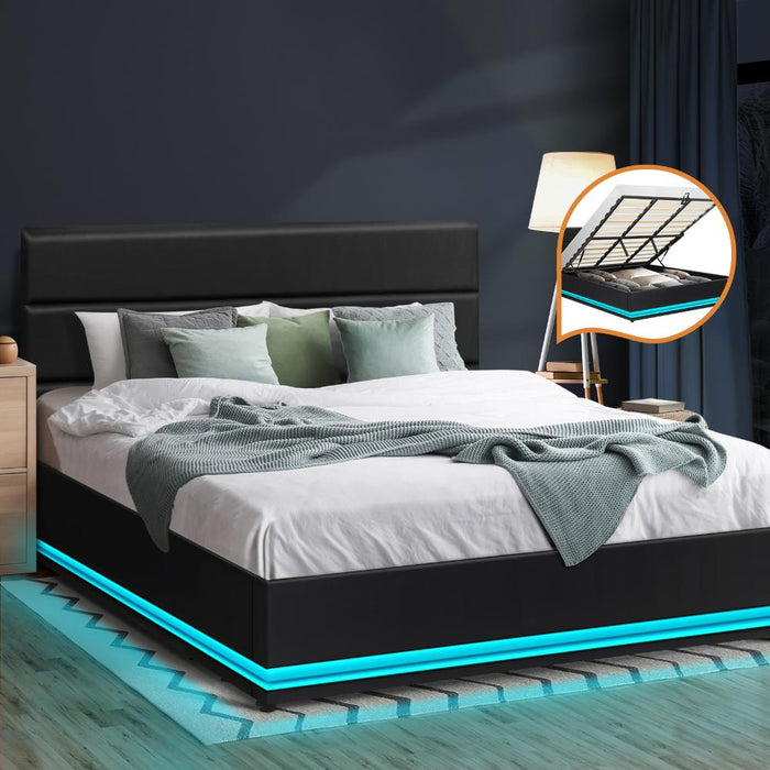 Carlo Supreme PU Leather LED Bed Frame | Black PU Leather Gas Lift Storage Bed
