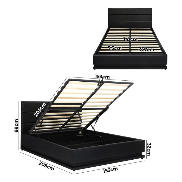 Carlo Supreme PU Leather LED Bed Frame | Black PU Leather Gas Lift Storage Bed