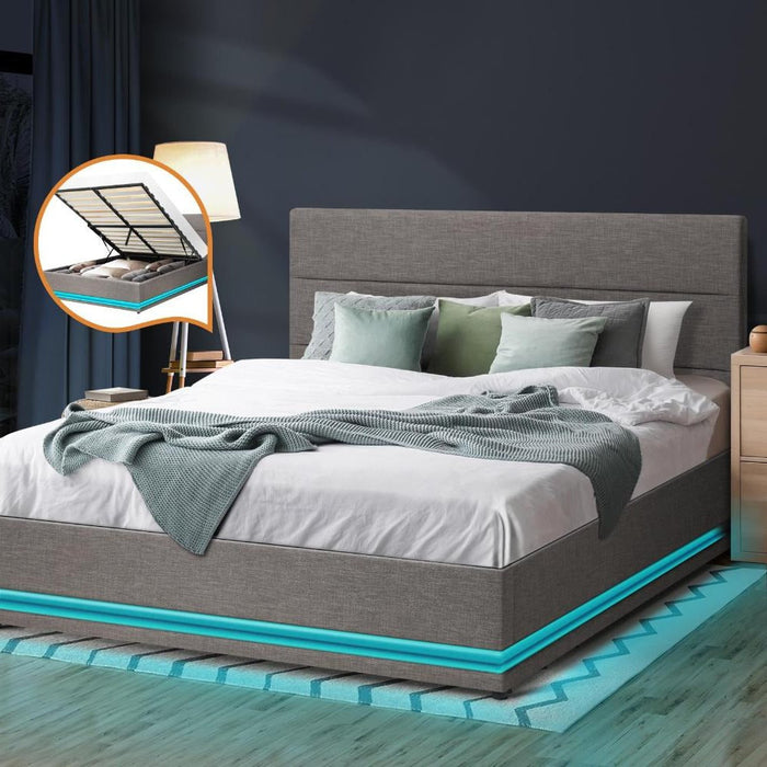 Aria Supreme Luxe Grey Fabric LED Bed Frame | Modern Soft Touch Fabric Gas Lift Storage Bed