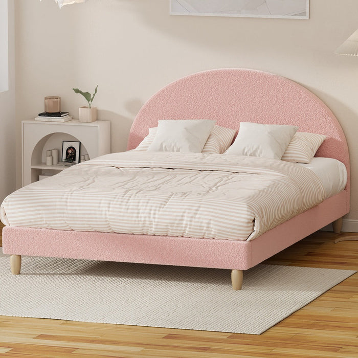Teddy Soft Boucle Fabric Round Pink Bed | Arched Cushioned Touch Pink Boucle Bed Frame