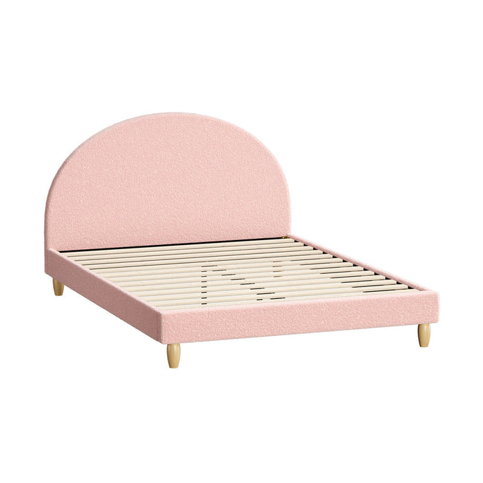 Teddy Soft Boucle Fabric Round Pink Bed | Arched Cushioned Touch Pink Boucle Bed Frame
