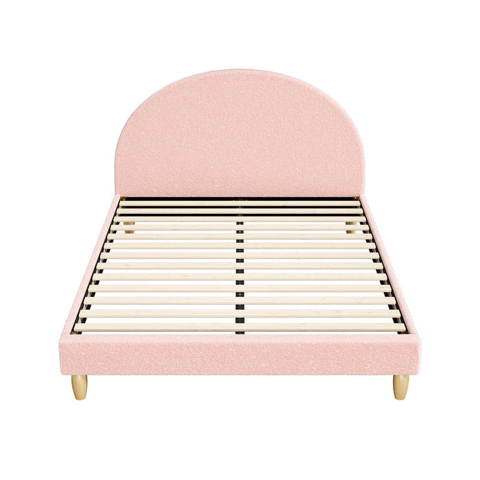 Teddy Soft Boucle Fabric Round Pink Bed | Arched Cushioned Touch Pink Boucle Bed Frame