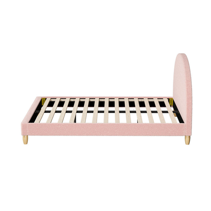 Teddy Soft Boucle Fabric Round Pink Bed | Arched Cushioned Touch Pink Boucle Bed Frame