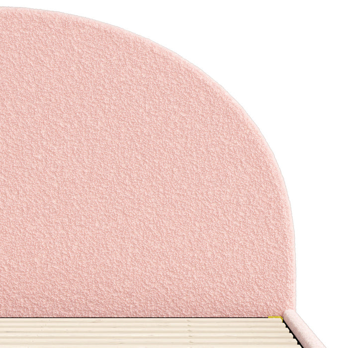 Teddy Soft Boucle Fabric Round Pink Bed | Arched Cushioned Touch Pink Boucle Bed Frame