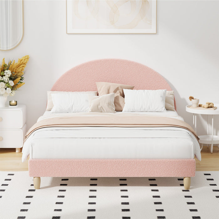 Teddy Soft Boucle Fabric Round Pink Bed | Arched Cushioned Touch Pink Boucle Bed Frame